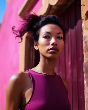 Young diverse woman against a vibrant colored wallの素材