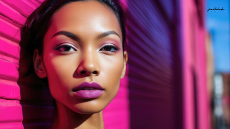 Young diverse woman against a vibrant colored wallの素材