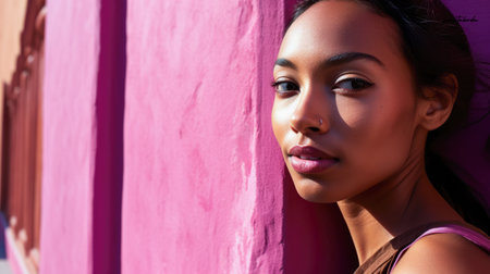 Young diverse woman against a vibrant colored wallの素材