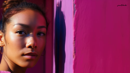 Young diverse woman against a vibrant colored wallの素材