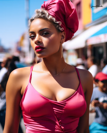 Black woman with curly hair on a cityscapeの素材