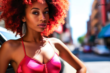 Black woman with curly hair on a cityscapeの素材