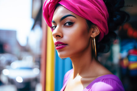 Black woman with curly hair on a cityscapeの素材