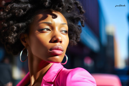 Black woman with curly hair on a cityscapeの素材