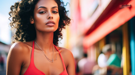 Black woman with curly hair on a cityscapeの素材