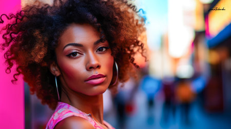 Black woman with curly hair on a cityscapeの素材