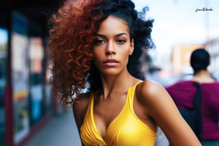 Black woman with curly hair on a cityscapeの素材