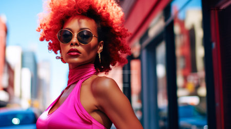 Black woman with curly hair on a cityscapeの素材