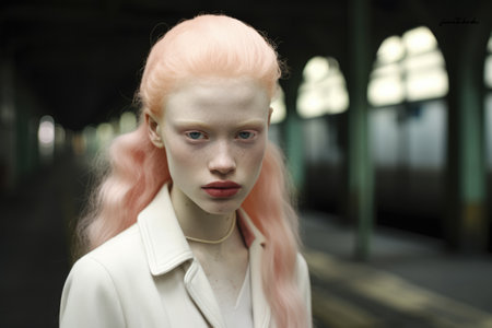 Albino woman portrait with a city scene backgroundの素材