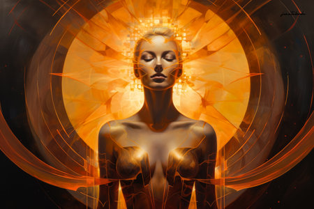 Woman connecting in harmony with the cosmos. Cosmic meditation abstract art concept.の素材