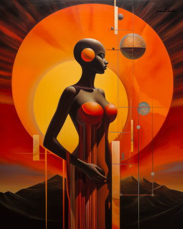 Woman connecting in harmony with the cosmos. Cosmic meditation abstract art concept.の素材