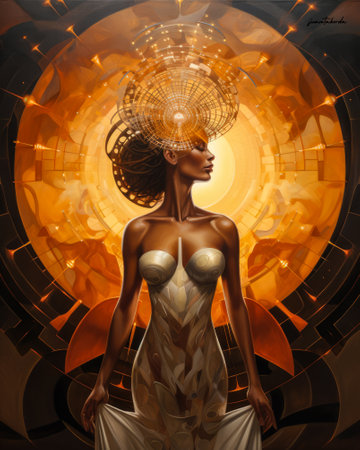 Woman connecting in harmony with the cosmos. Cosmic meditation abstract art concept.の素材