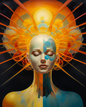 Woman connecting in harmony with the cosmos. Cosmic meditation abstract art concept.の素材