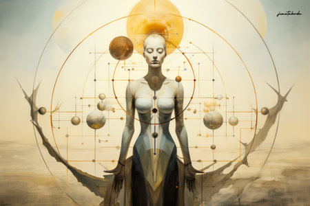Woman connecting in harmony with the cosmos. Cosmic meditation abstract art concept.の素材