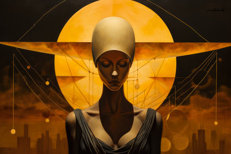 Woman connecting in harmony with the cosmos. Cosmic meditation abstract art concept.の素材