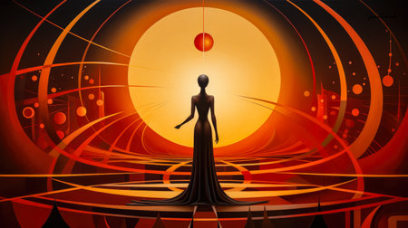 Woman connecting in harmony with the cosmos. Cosmic meditation abstract art concept.の素材