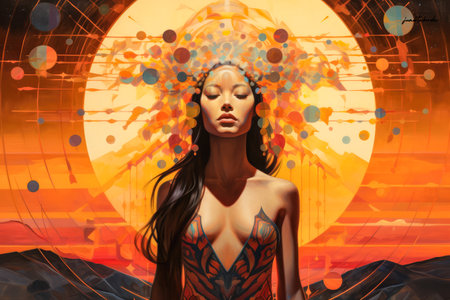 Asian woman connecting in harmony with the cosmos. Cosmic meditation abstract art concept.の素材