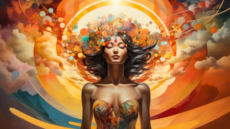 Asian woman connecting in harmony with the cosmos. Cosmic meditation abstract art concept.の素材