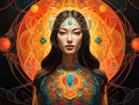Asian woman connecting in harmony with the cosmos. Cosmic meditation abstract art concept.の素材