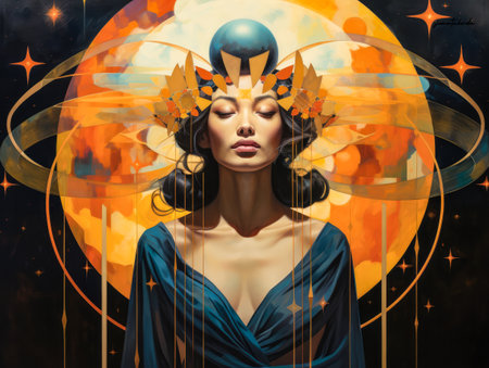 Asian woman connecting in harmony with the cosmos. Cosmic meditation abstract art concept.の素材