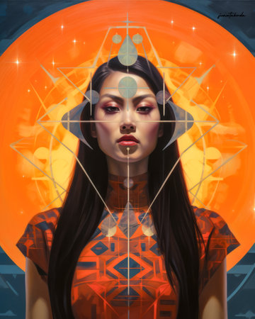 Asian woman connecting in harmony with the cosmos. Cosmic meditation abstract art concept.の素材