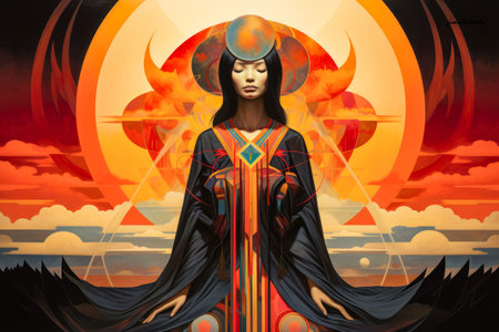 Asian woman connecting in harmony with the cosmos. Cosmic meditation abstract art concept.の素材