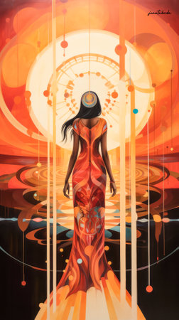 Indian woman connecting in harmony with the cosmos. Cosmic meditation abstract art concept.の素材