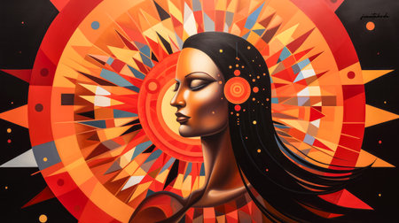 Indian woman connecting in harmony with the cosmos. Cosmic meditation abstract art concept.の素材