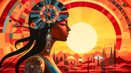 Indian woman connecting in harmony with the cosmos. Cosmic meditation abstract art concept.の素材