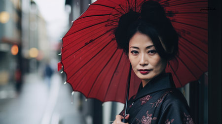 Captivating urban portrait of a young Japanese womanの素材