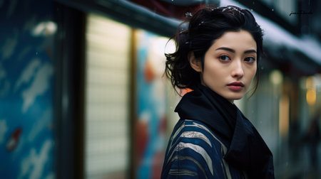 Captivating urban portrait of a young Japanese womanの素材