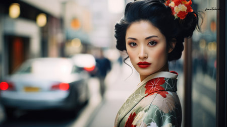 Captivating urban portrait of a young Japanese womanの素材