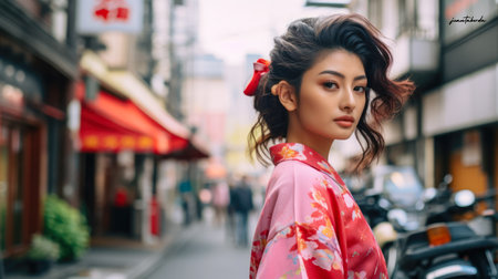 Captivating urban portrait of a young Japanese womanの素材