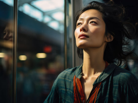 Captivating urban portrait of a young Japanese womanの素材