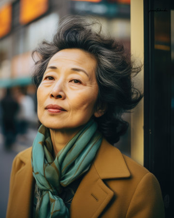 Captivating urban portrait of a young Japanese womanの素材