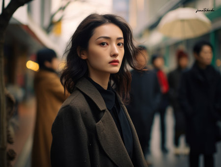 Captivating urban portrait of a young Japanese womanの素材