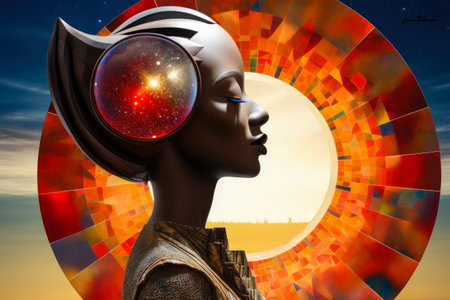Surreal woman portrait conveying her mystical connection with the cosmosの素材
