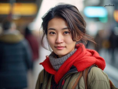 Captivating urban portrait of a young Japanese womanの素材