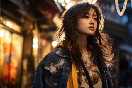 Captivating urban portrait of a young Japanese womanの素材