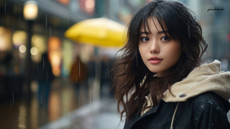 Captivating urban portrait of a young Japanese womanの素材