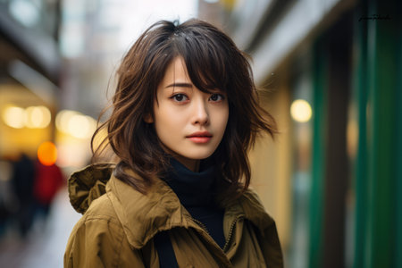 Captivating urban portrait of a young Japanese womanの素材