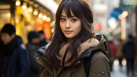 Captivating urban portrait of a young Japanese womanの素材