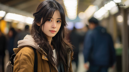 Captivating urban portrait of a young Japanese womanの素材