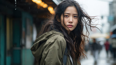 Captivating urban portrait of a young Japanese womanの素材