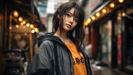 Captivating urban portrait of a young Japanese womanの素材