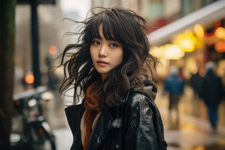 Captivating urban portrait of a young Japanese womanの素材