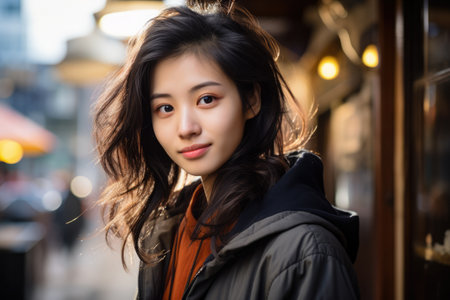 Captivating urban portrait of a young Japanese womanの素材