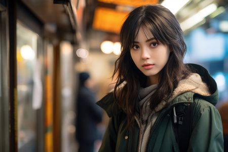 Captivating urban portrait of a young Japanese womanの素材