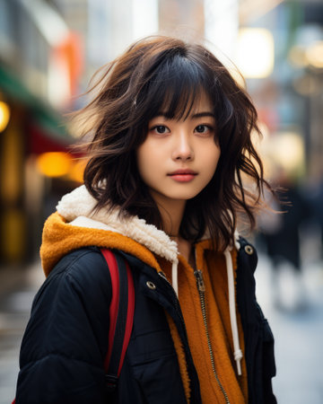Captivating urban portrait of a young Japanese womanの素材