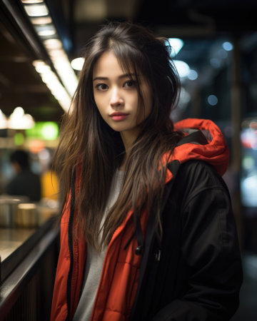 Captivating urban portrait of a young Japanese womanの素材